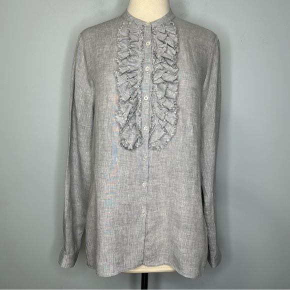 Robert Friedman Women’s 100% Linen Heathered Gray Ruffle Front Buttoned Blouse S - Picture 1 of 11